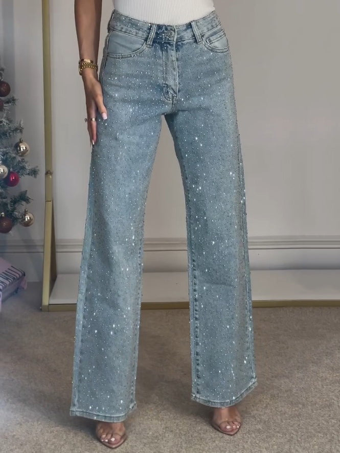 Jeans de pierna recta de talle alto con diamante