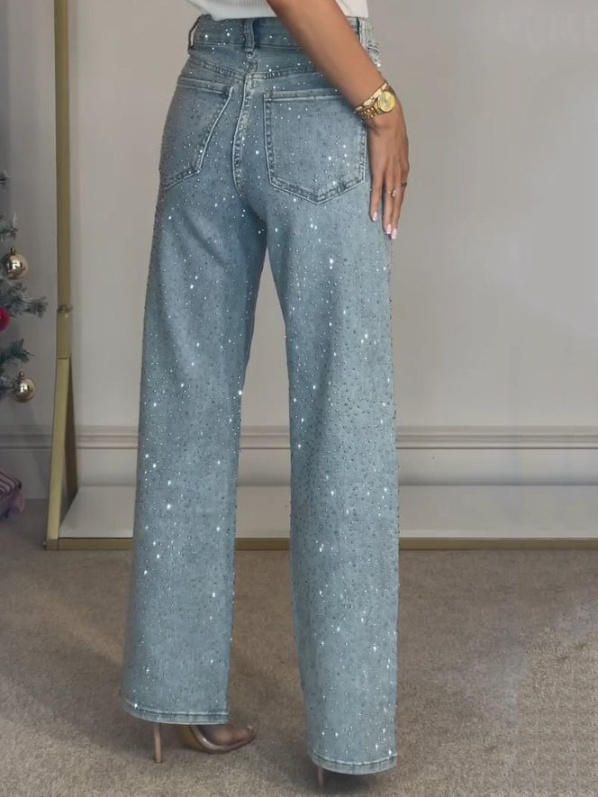 Jeans de pierna recta de talle alto con diamante